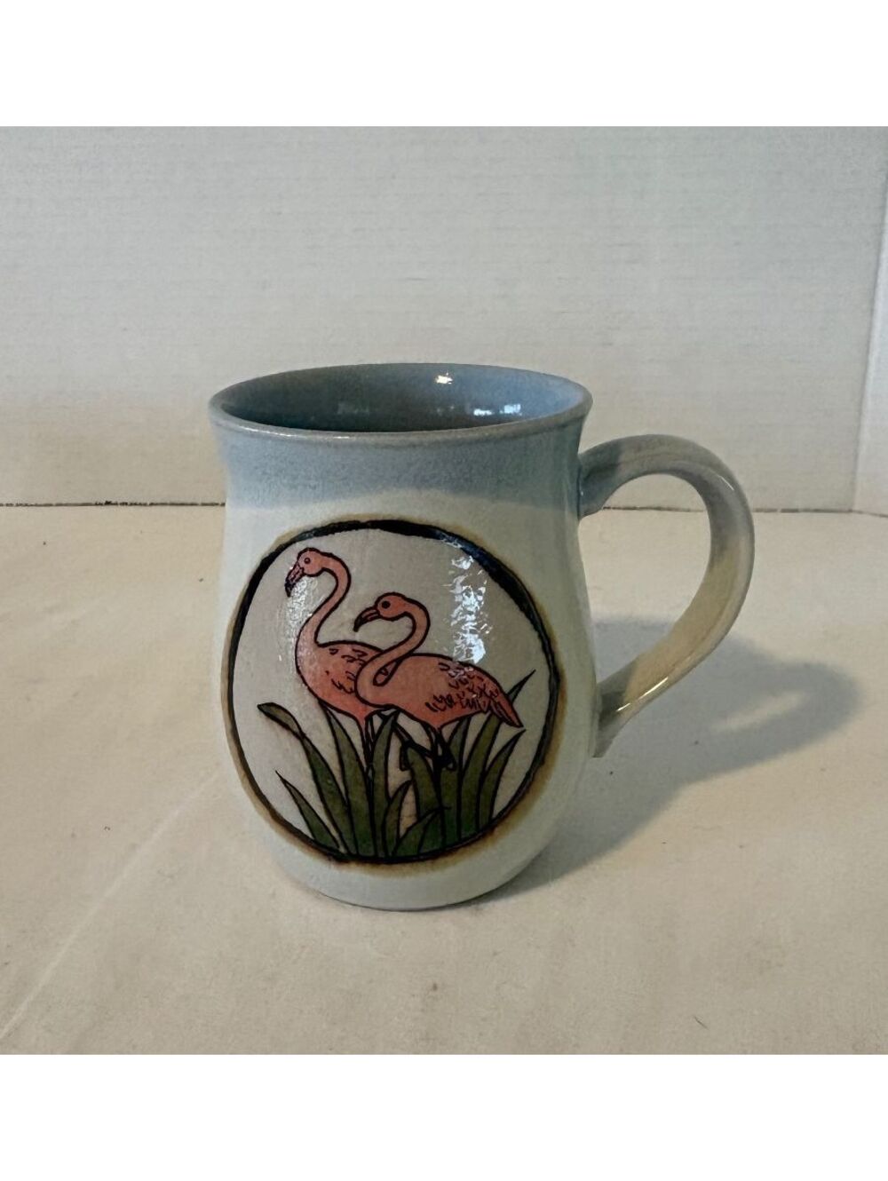 VTG Handmade Stoneware Flamingo Mug Studio Pottery Blue Rim 1980s Boho Coastal
